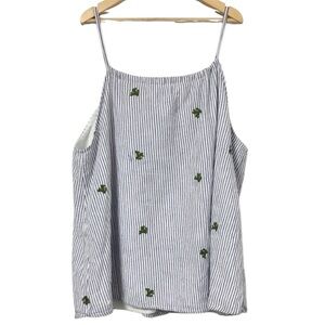 Blue Rain Striped Tank Top with Green Cactus Embroidery